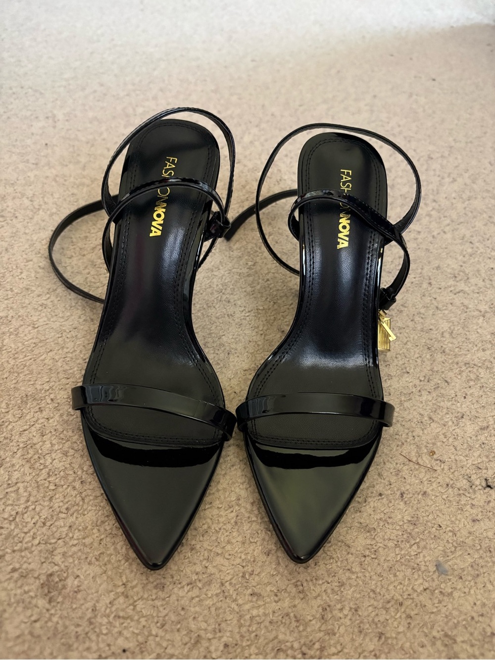Fashion Nova Black Patent Pointed-Strap Ankle Heels